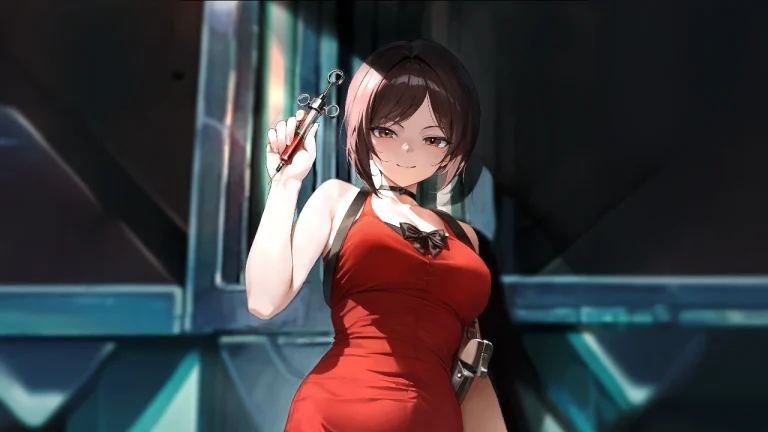红吊带裙棕短发少女手持针管暗科幻 4K 壁纸