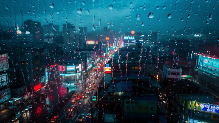 雨夜玻璃窗水珠霓虹韩式城市夜景 4K 电脑壁纸