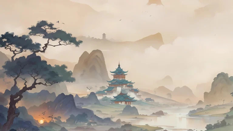 暮霞仙山古寺平湖云雾国风唯美场景