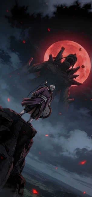 血月十尾面具带土暗黑山崖竖版 4K 火影手机壁纸