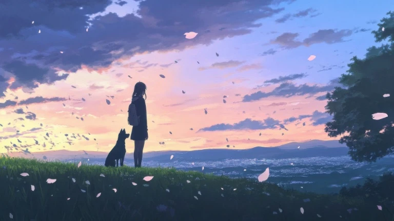 山坡少女与黑狗俯瞰城市落樱黄昏 4K 电脑壁纸