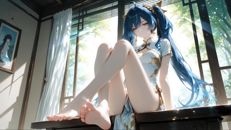 蓝发双马尾少女白金色旗袍和风窗景 4K 电脑壁纸
