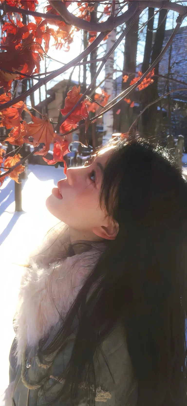冬日雪地红叶长发少女逆光写真高清手机壁纸