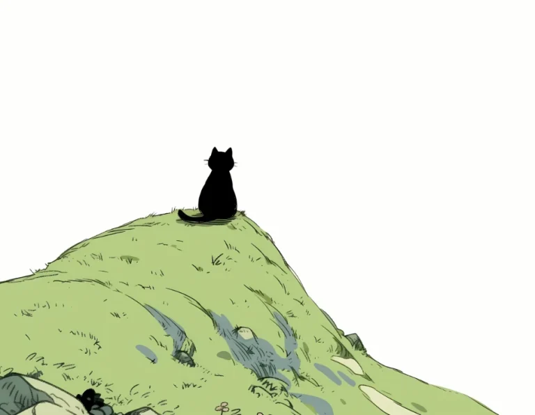 青草山坡黑猫剪影简约治愈插画