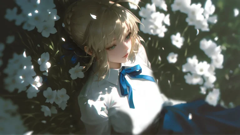 Fate阿尔托莉雅Saber白色花丛静谧光影插画