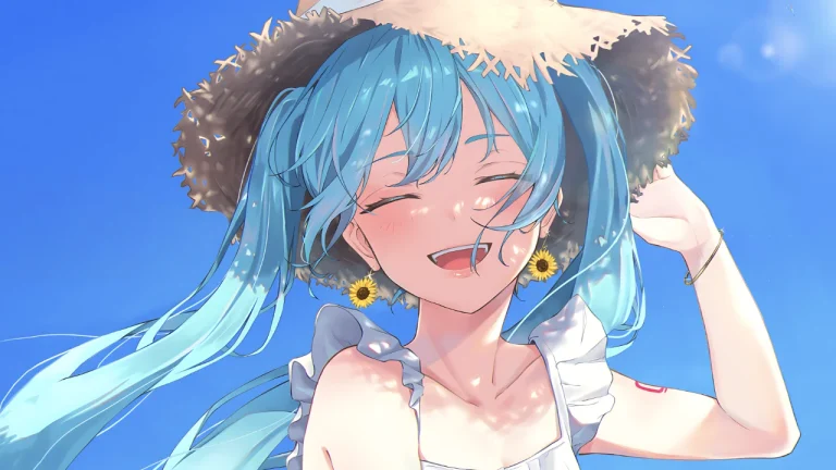 草帽向日葵耳饰蓝发双马尾初音未来夏日晴空插画