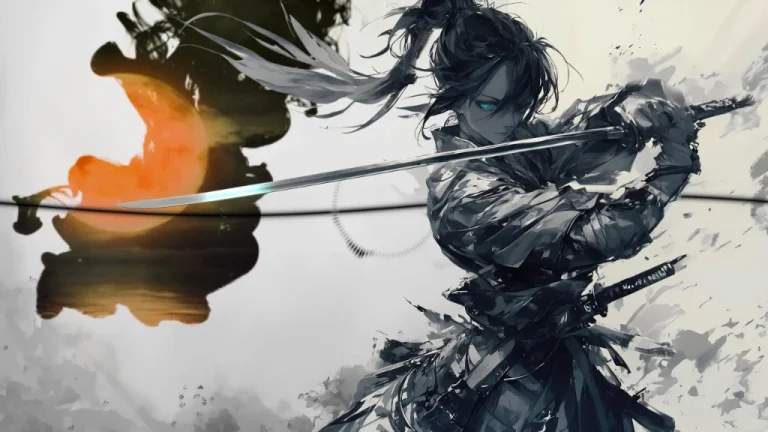 水墨古风女武士落日持剑 4K 电脑壁纸