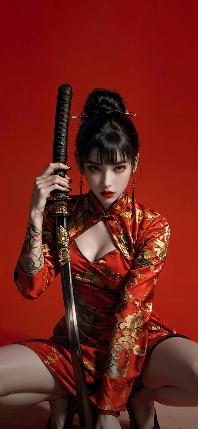 红底红旗袍持武士刀冷艳少女高清手机壁纸