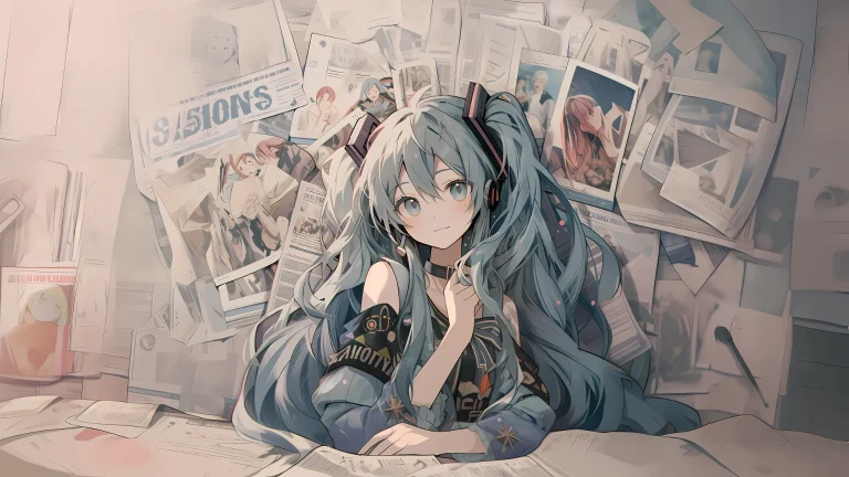报纸背景初音未来温柔双马尾动漫原画