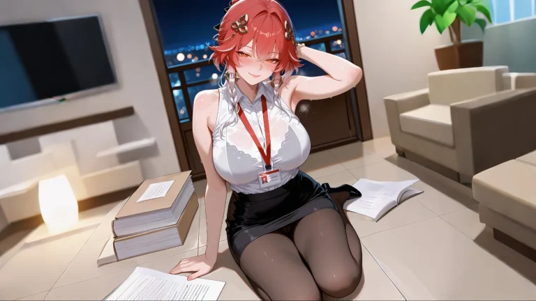 白衬衫黑短裙红发少女居家办公动漫原画