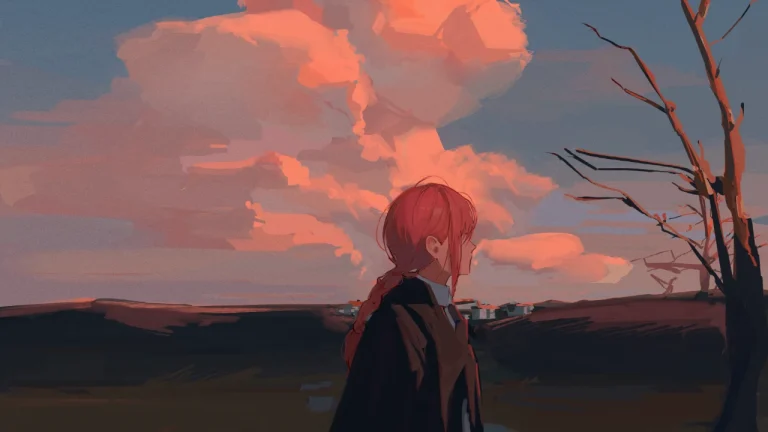 麻花辫红发少女眺望橘色晚霞旷野治愈插画