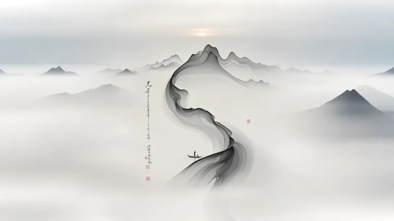 淡墨云雾层叠远山飘逸墨纹小船古风书法意境