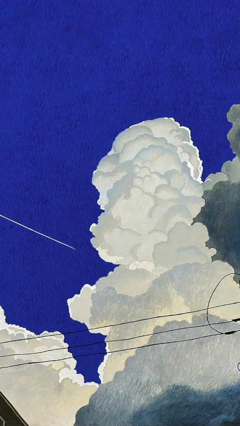 浓烈宝蓝天空蓬松白云电线飞机尾迹手绘插画