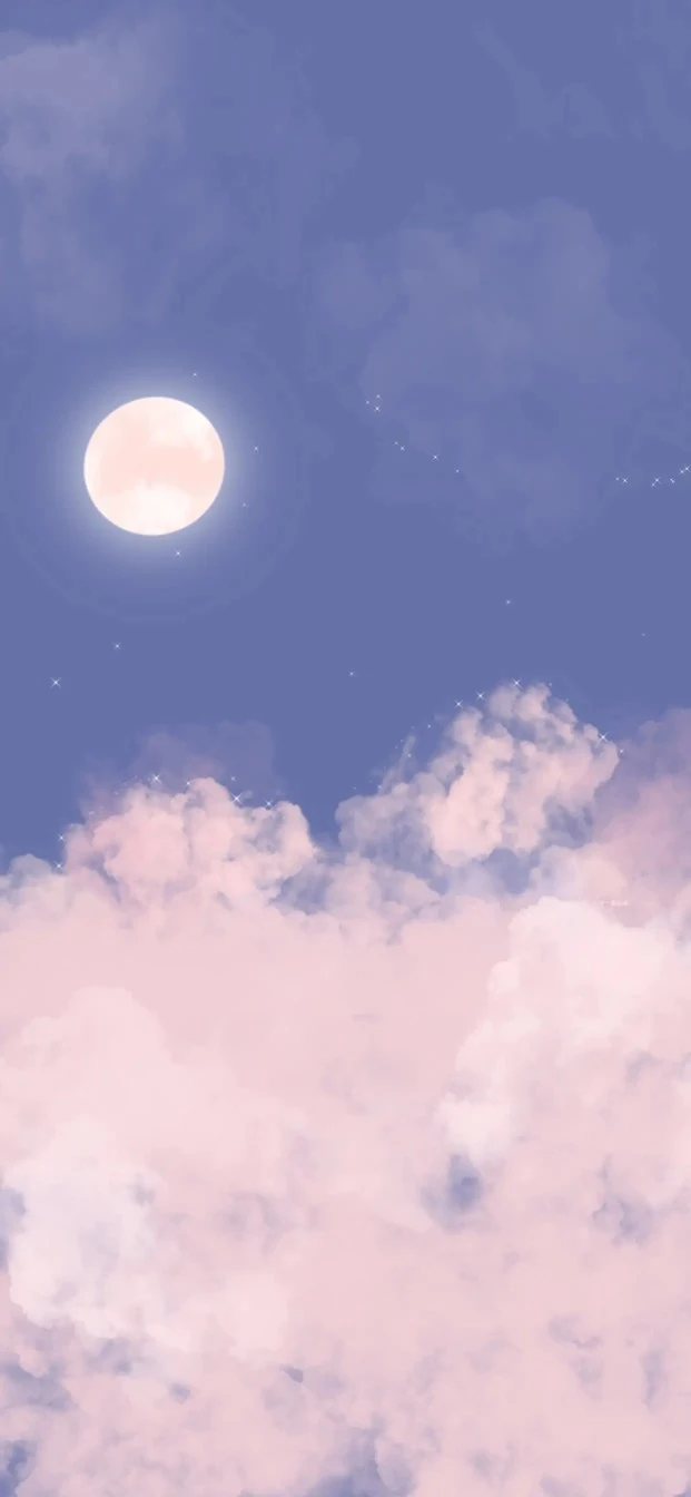 浅紫晴空满月粉柔云朵梦幻温柔 4K 星空插画壁纸