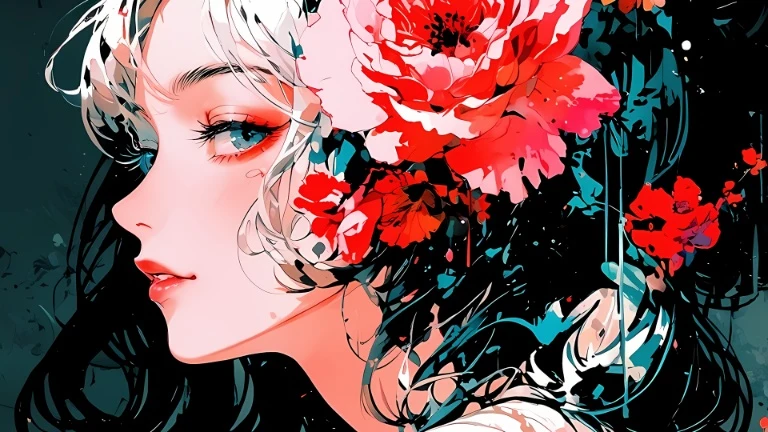 红花银发少女侧颜复古插画 4K 电脑壁纸