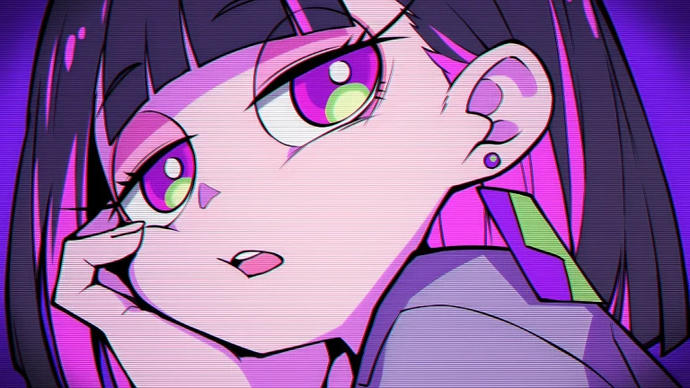 横向条纹质感紫粉撞色动漫少女特写