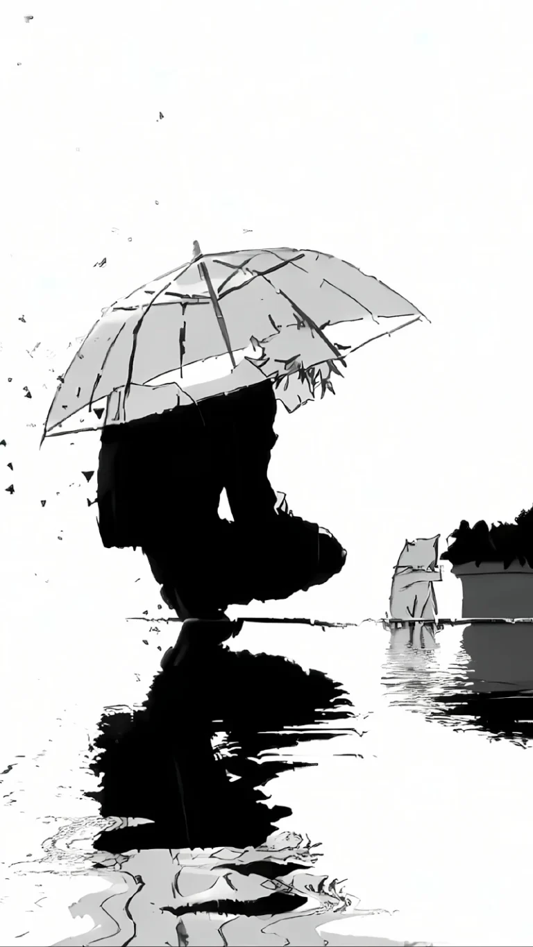 黑白速写撑伞少年立于水面倒影清冷手绘