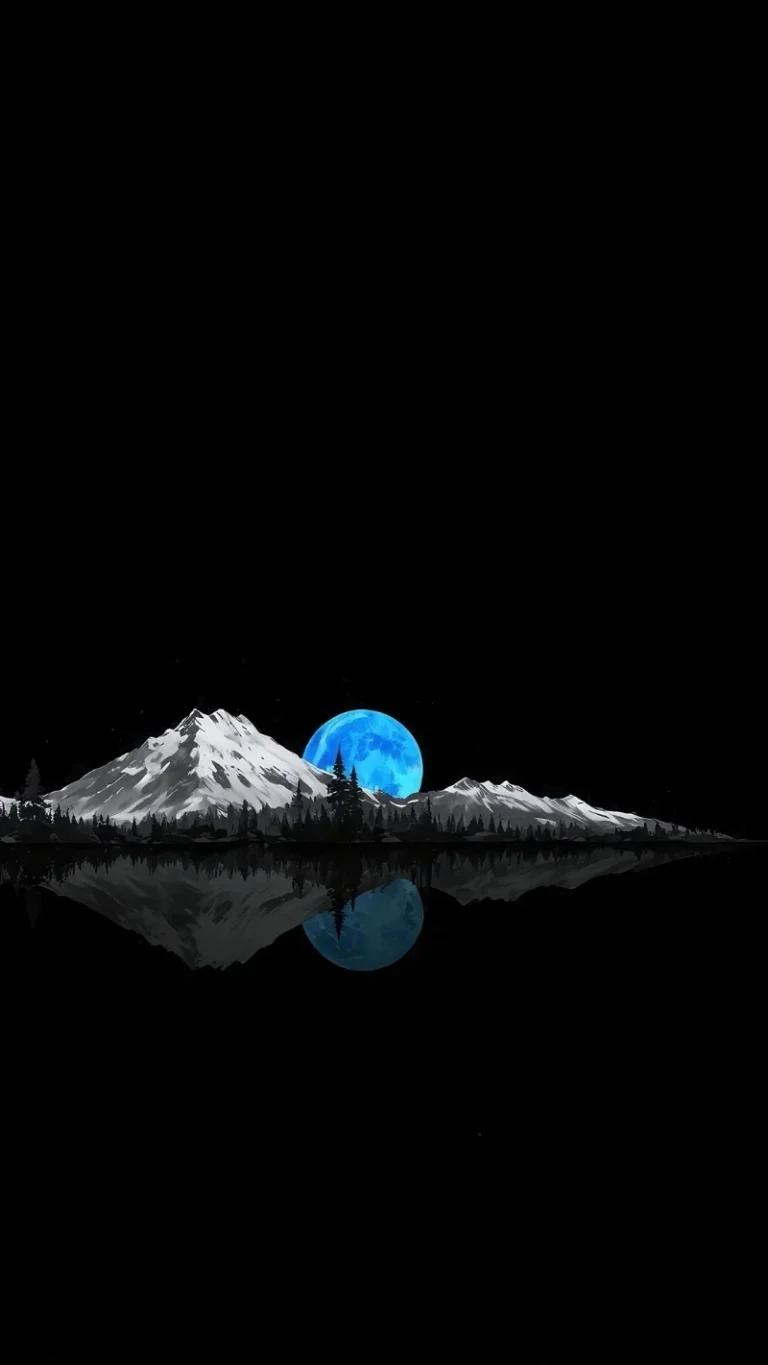 极简暗黑背景雪山森林蓝月亮静水倒影绘画