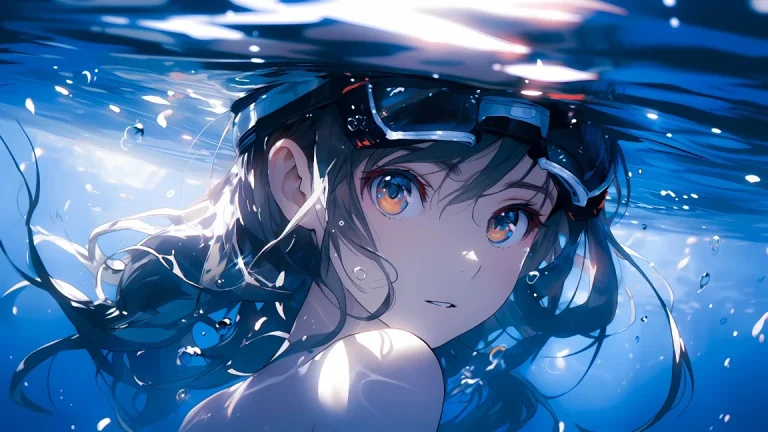 水下潜水少女渐变蓝瞳清透水彩插画 4K 电脑壁纸