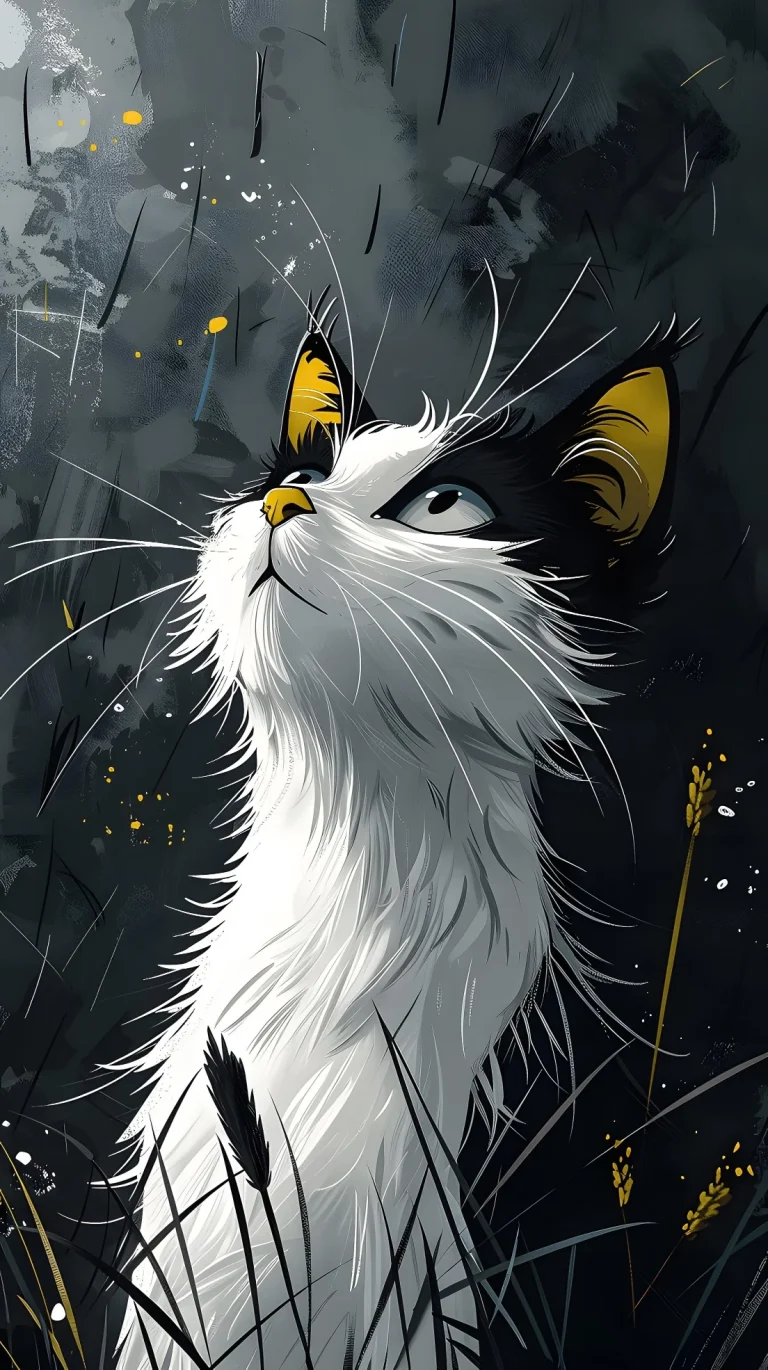 黑白黄配色奶牛猫仰视插画高清手机壁纸