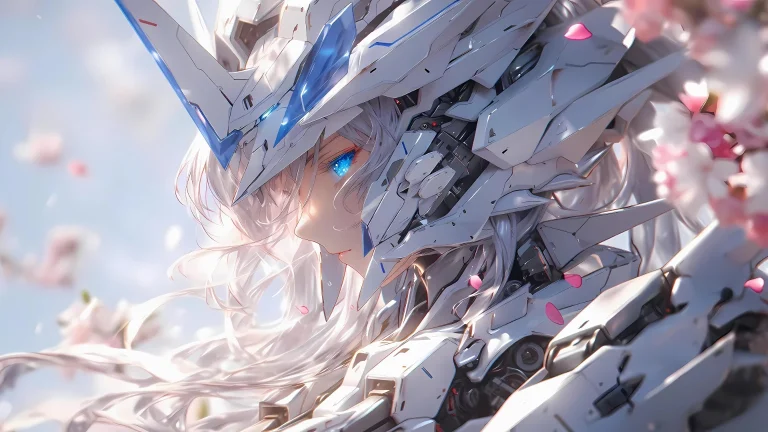 樱花白发机甲少女蓝瞳机械美少女插画
