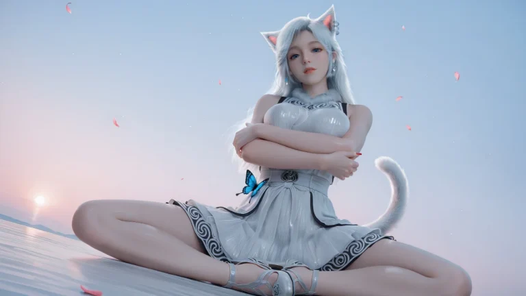 银发猫耳少女白裙落日花瓣3D虚拟形象插画