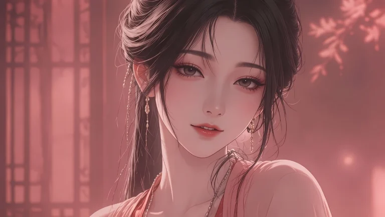 粉色古风温婉女子窗棂氛围感国风插画