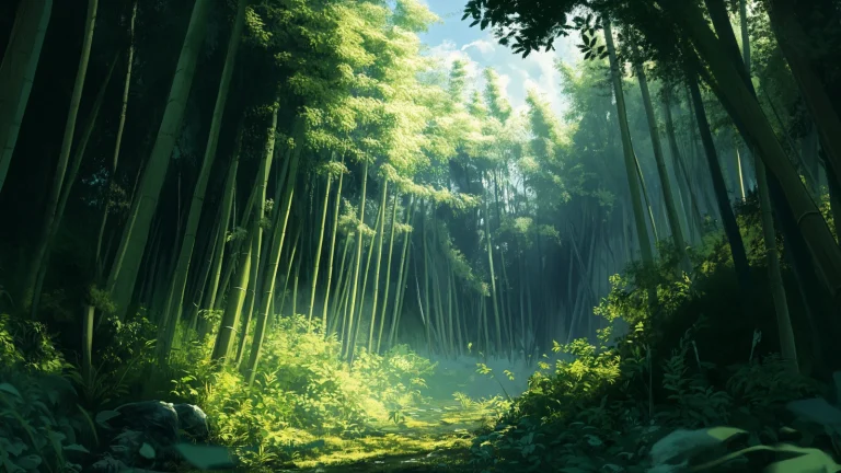 晨光穿透青翠竹林小径治愈森系动漫风景 4K 电脑壁纸