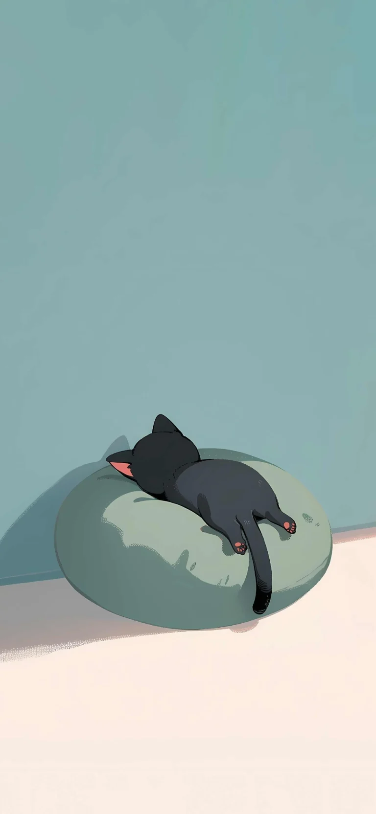软垫上慵懒趴卧小黑猫插画手机壁纸