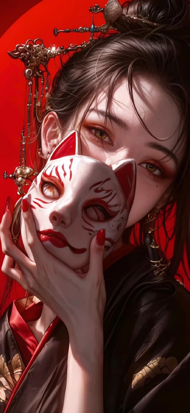 红底古风美人手持狐面面具高清手机壁纸