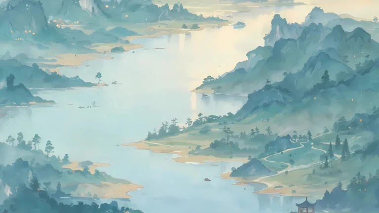 水墨国风山湖泛舟古风青绿山水插画