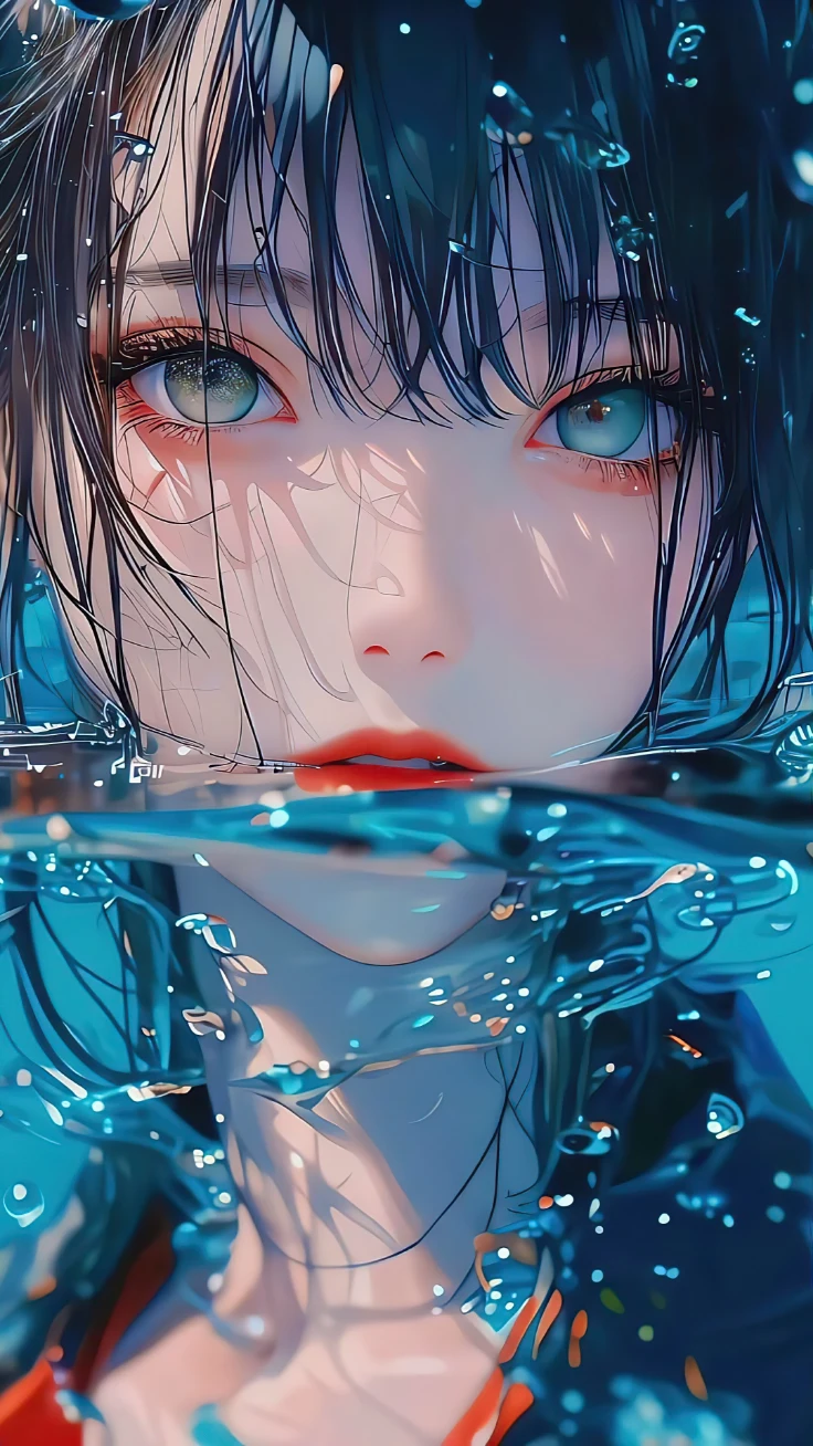 水面分割黑长发蓝瞳少女蓝色水波气泡动漫插画