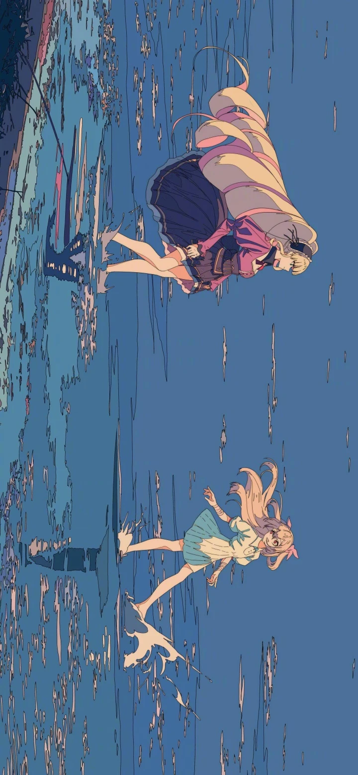 蓝色调两位少女踏水奔跑日系插画手机壁纸