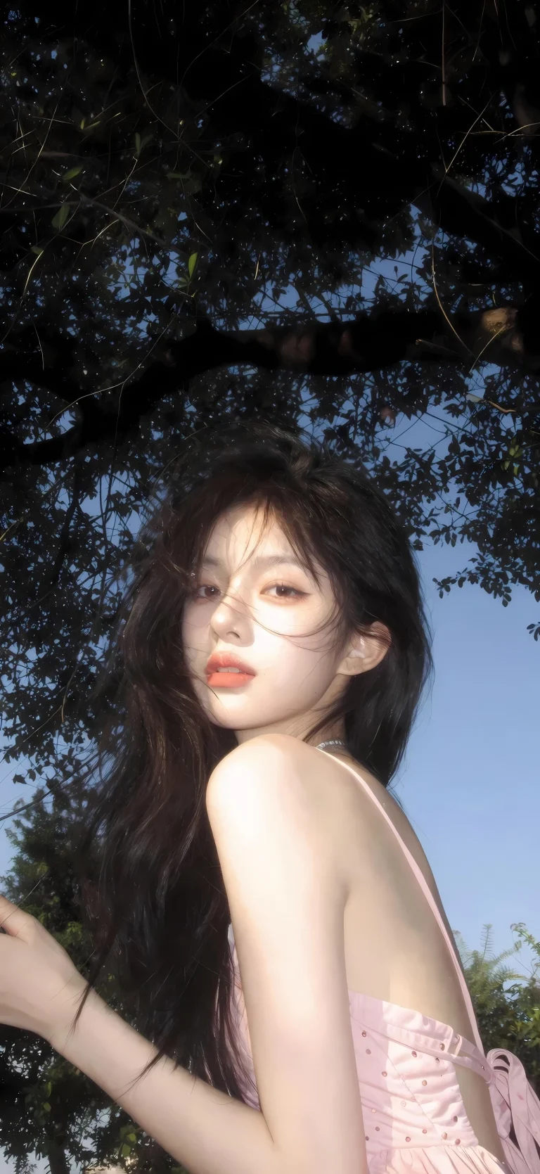 林间粉吊带长发女生户外氛围感高清手机壁纸