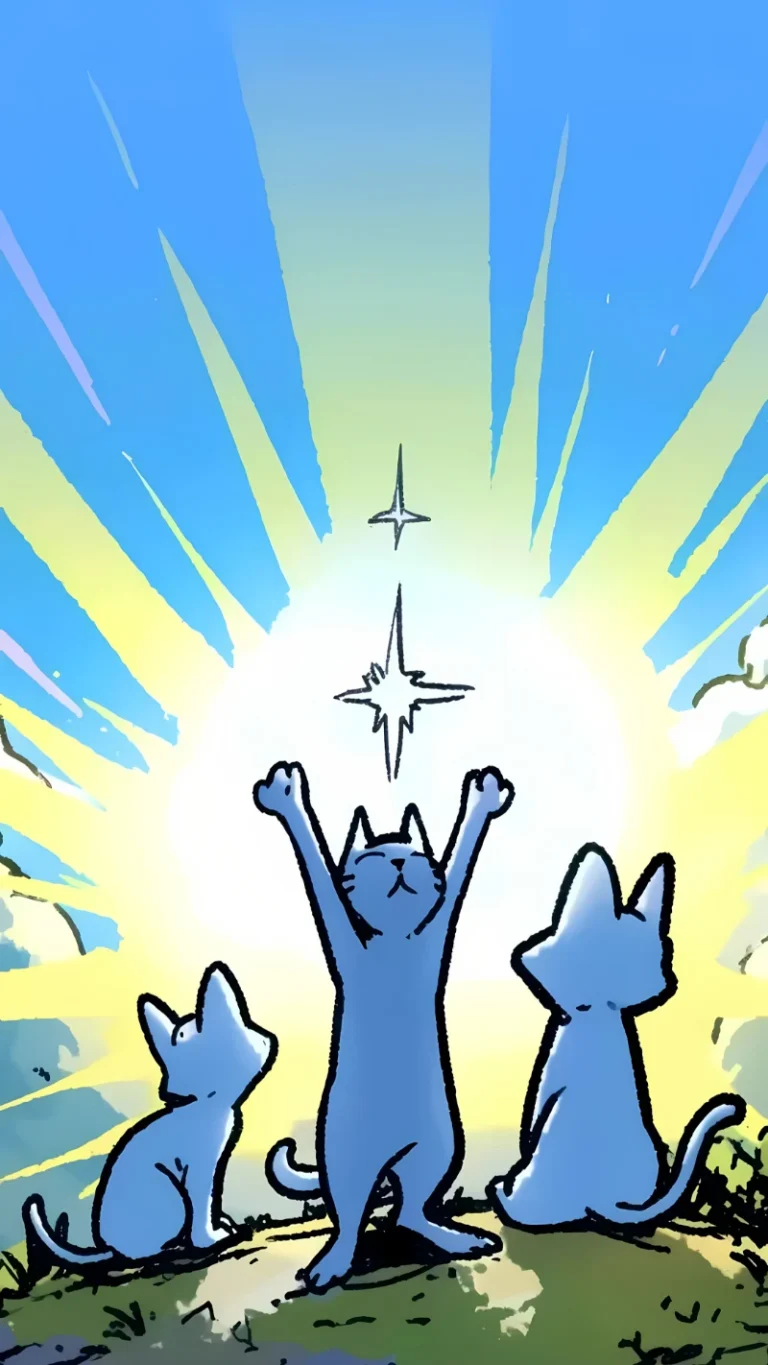 蓝天暖阳三只蓝猫高举双手朝拜星光手绘
