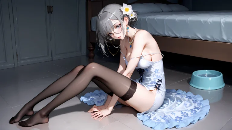 银灰发眼镜少女居家坐姿黑丝吊带裙