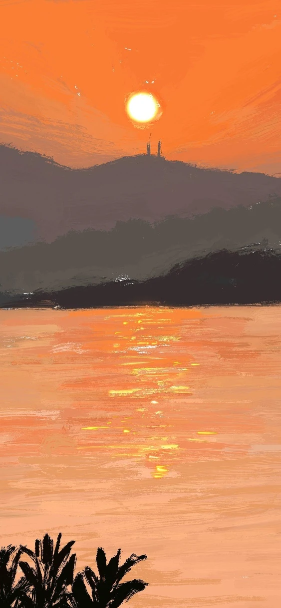 暖橙湖面落日远山高塔手绘油画治愈竖版海边风景壁纸