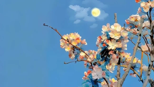 晴蓝天空海棠花枝圆月治愈插画 4K 电脑壁纸