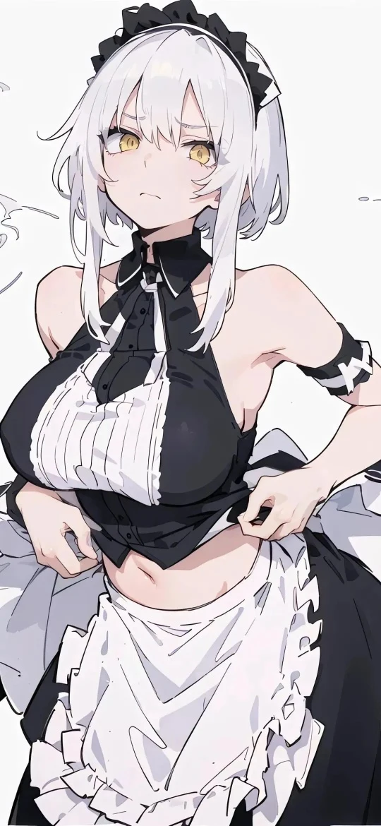 黑白女仆装露腰动漫少女线稿手机壁纸