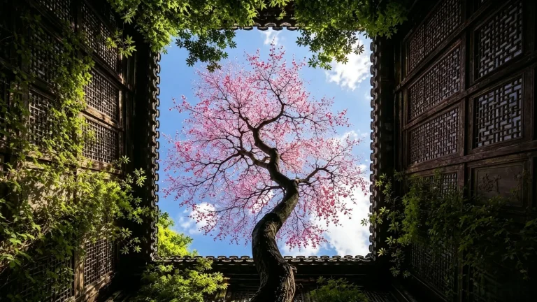 四方天井框景粉花古树蓝天白云风景