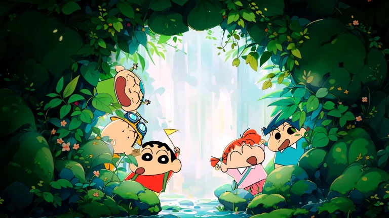蜡笔小新五人组丛林探险瀑布治愈卡通 4K 电脑壁纸