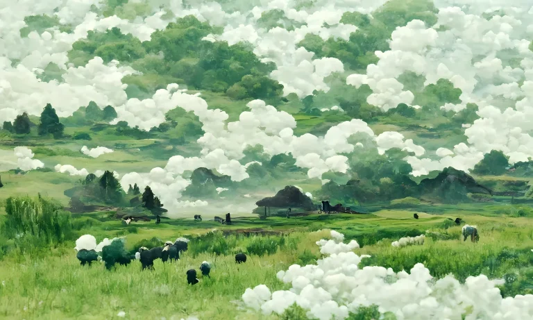 云雾草原牛羊山野治愈日系风景插画