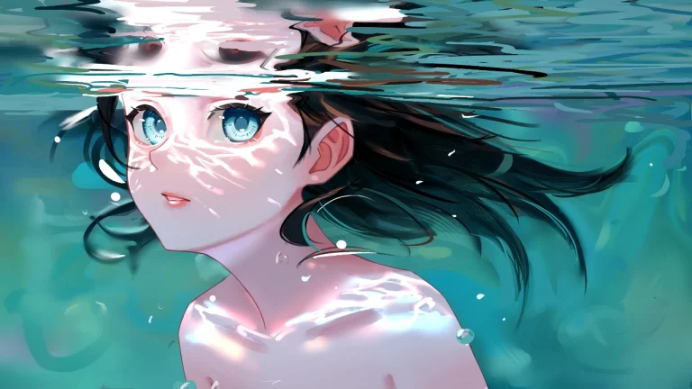 水面分割黑发蓝眼少女水下清新治愈二次元插画