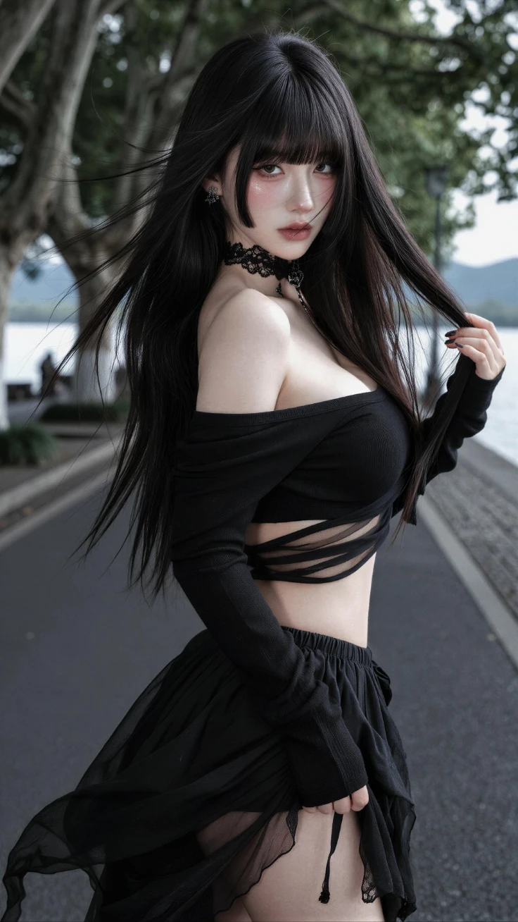 湖边道路黑长直齐刘海少女黑色辣妹穿搭外景人像