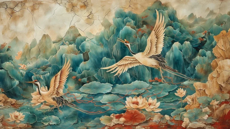 古裂纹青绿山水双鹤荷花中式复古工笔国画
