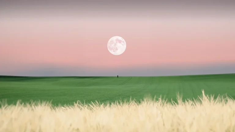 绿野旷野圆月孤人粉紫色黄昏风景