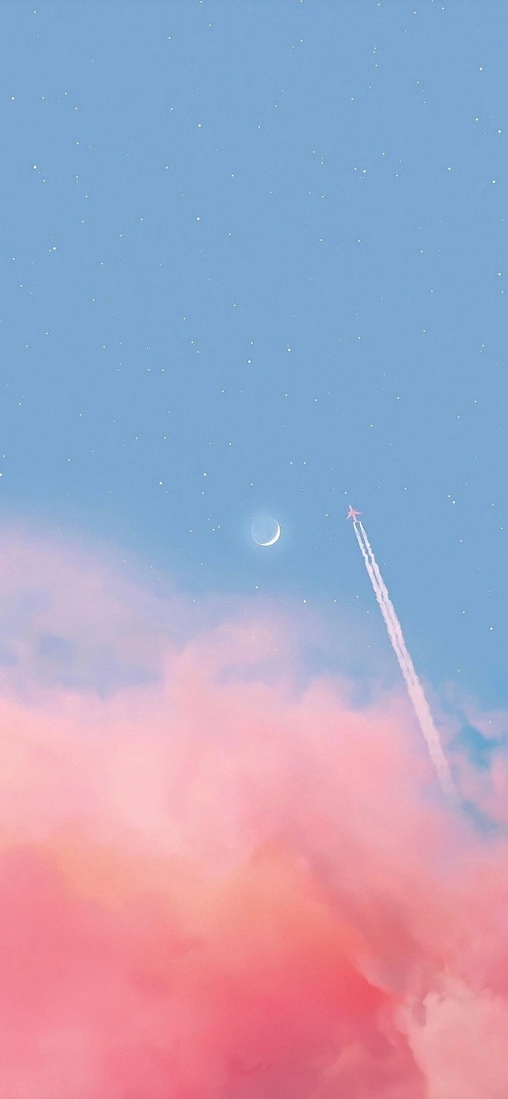 粉雾云层弯月飞机尾迹浅蓝星空治愈竖版插画手机壁纸