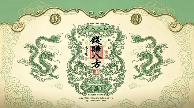 绿金龙纹钱赚八方发财国风复古壁纸 4K 电脑壁纸