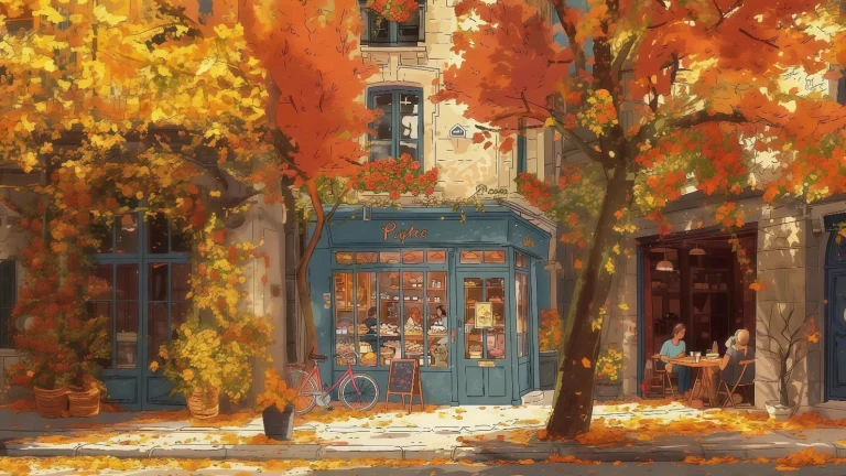 落满黄叶的街角蓝色烘焙小店动漫原画