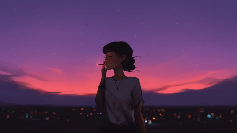 暮色星空山城扎发少女氛围感动漫原画